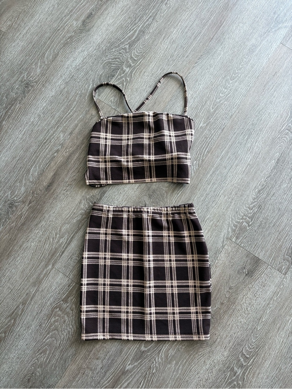 Brown & Cream Plaid Mini Skirt Set